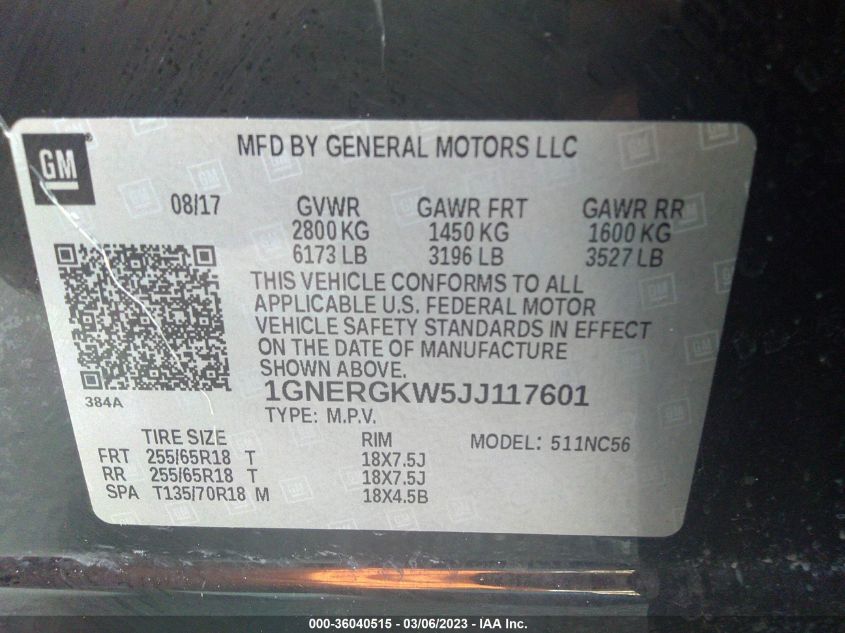 2018 CHEVROLET TRAVERSE LT CLOTH - 1GNERGKW5JJ117601