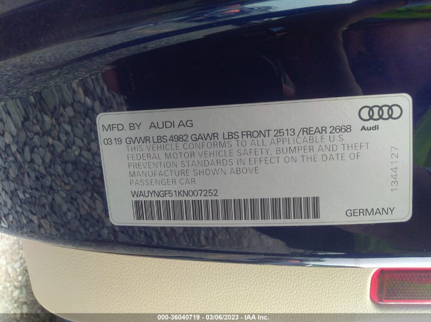 2019 AUDI A5 CABRIOLET PREMIUM PLUS - WAUYNGF51KN007252