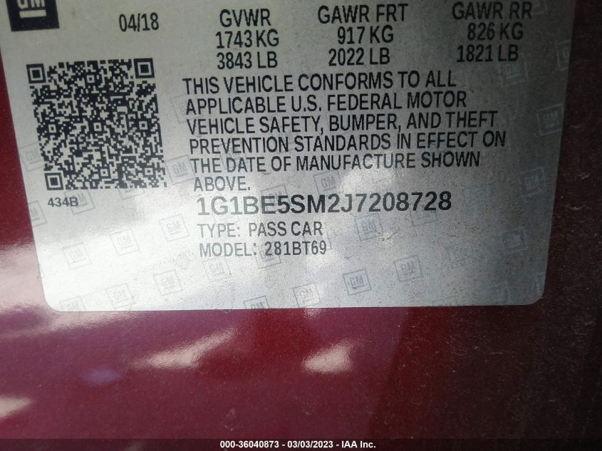 2018 CHEVROLET CRUZE LT - 1G1BE5SM2J7208728