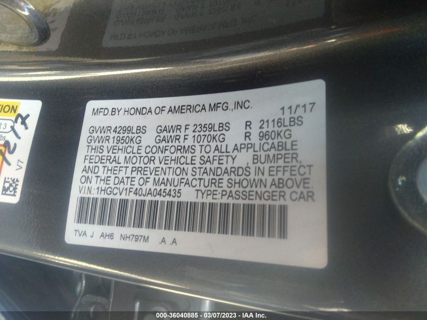 2018 HONDA ACCORD SEDAN EX 1.5T 1HGCV1F40JA045435