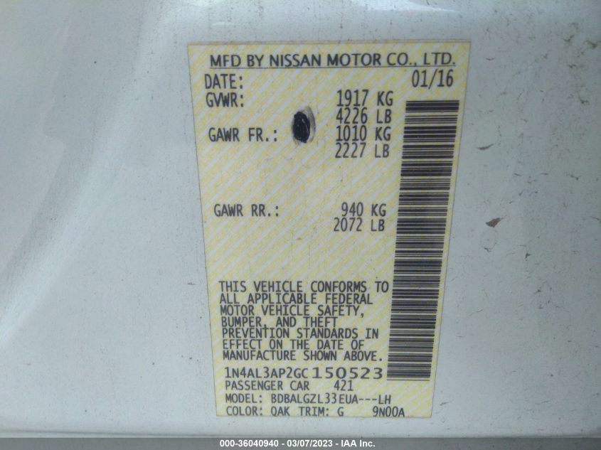 2016 NISSAN ALTIMA 2.5 - 1N4AL3AP2GC150523