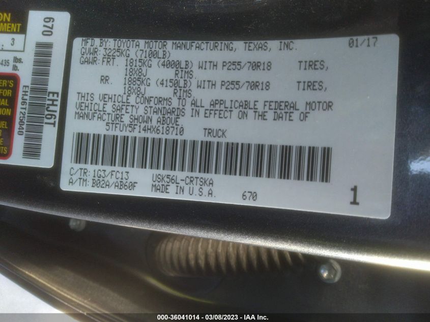 2017 TOYOTA TUNDRA 4WD SR/SR5/TRD PRO - 5TFUY5F14HX618710