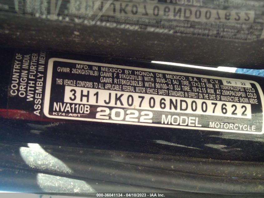 2022 HONDA NVA110 B - 3H1JK0706ND007622
