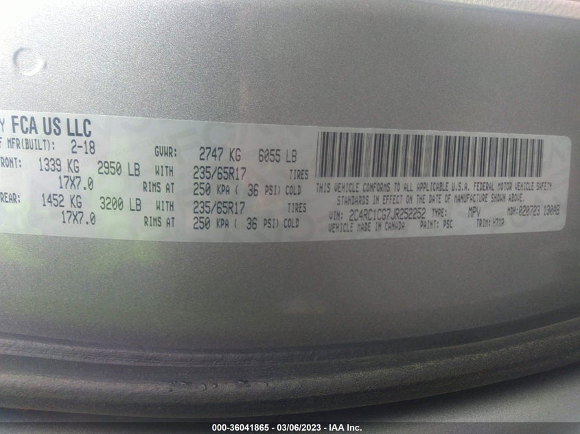VIN 2C4RC1CG7JR252252 2018 CHRYSLER PACIFICA LX