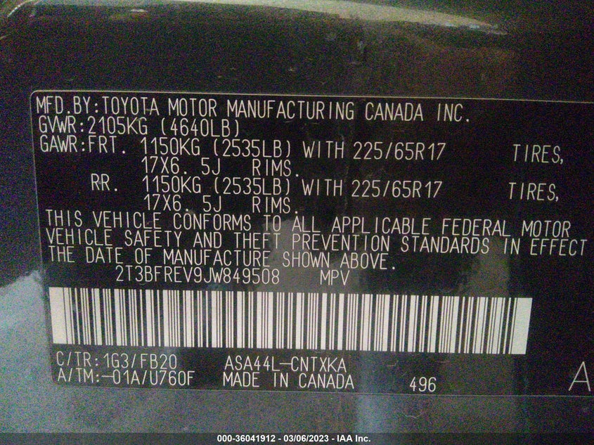 VIN 2T3BFREV9JW849508 2018 TOYOTA RAV4 LE