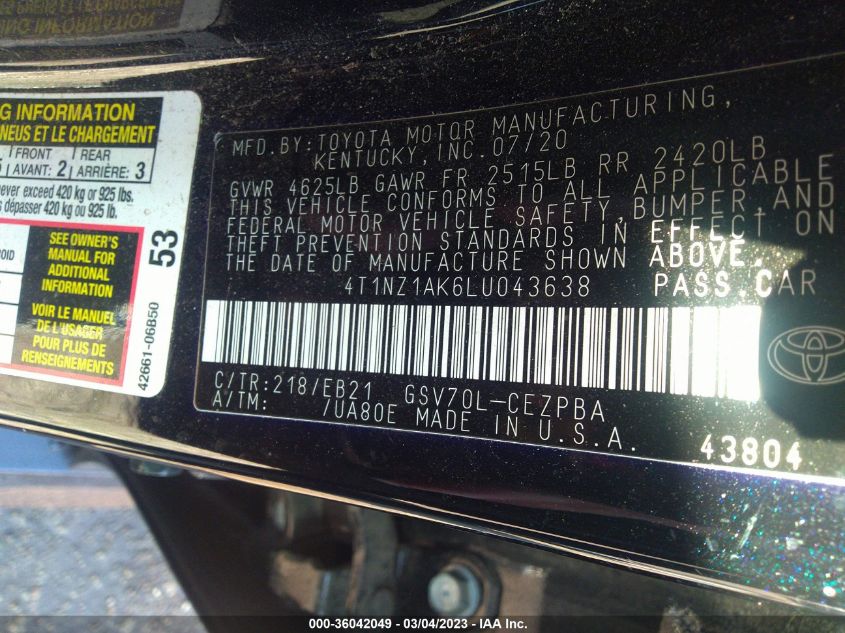 2020 TOYOTA CAMRY V6 - 4T1NZ1AK6LU043638
