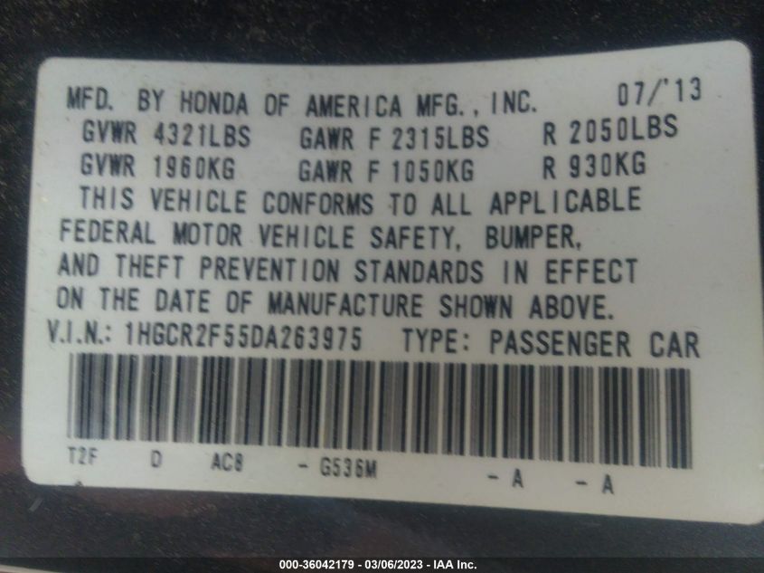 2013 HONDA ACCORD SDN SPORT - 1HGCR2F55DA263975