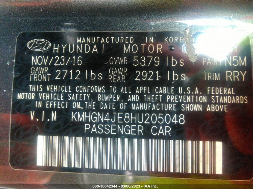 2017 GENESIS G80 3.8L KMHGN4JE8HU205048