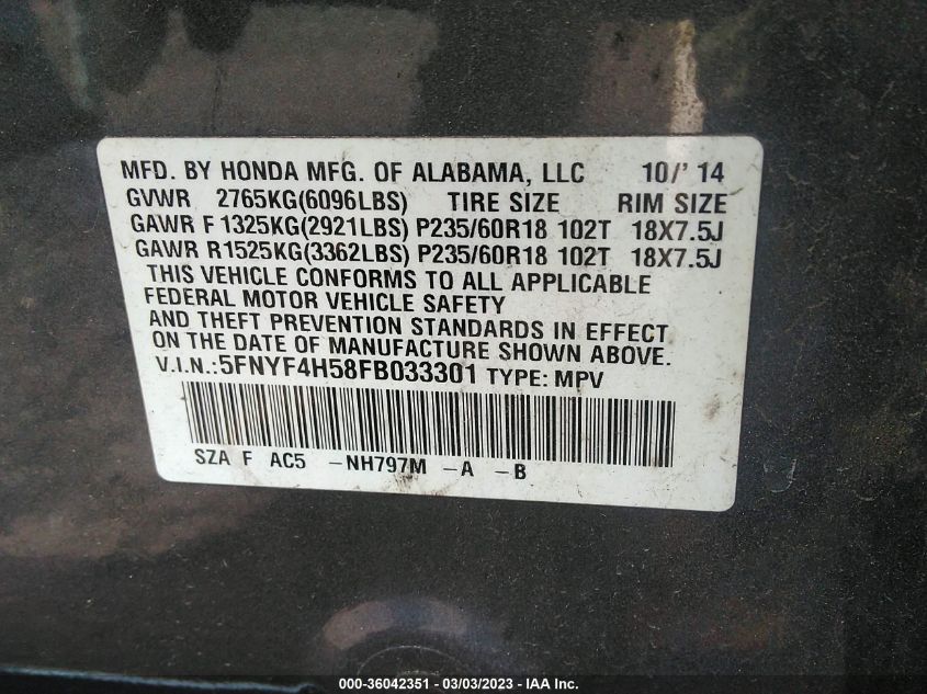 2015 HONDA PILOT EX-L - 5FNYF4H58FB033301
