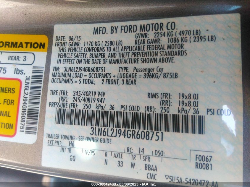 2016 LINCOLN MKZ - 3LN6L2J94GR608751