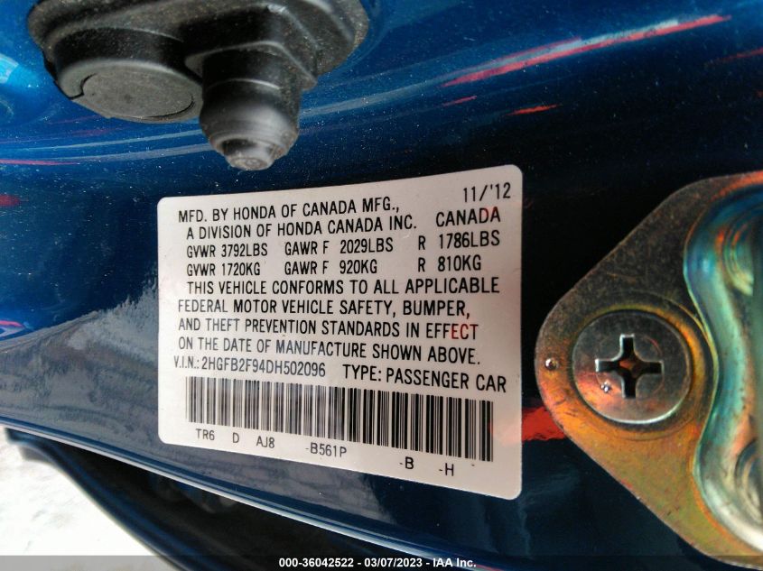 2013 HONDA CIVIC SDN EX-L - 2HGFB2F94DH502096