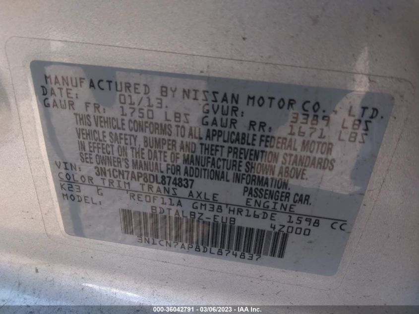 2013 NISSAN VERSA SV - 3N1CN7AP8DL874837