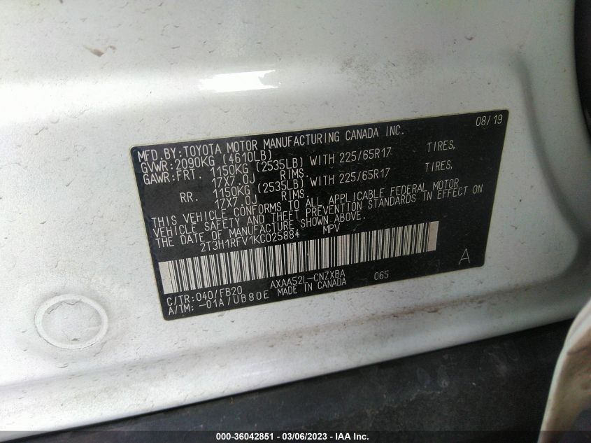 2019 TOYOTA RAV4 LE - 2T3H1RFV1KC025884