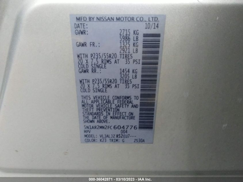 2015 NISSAN PATHFINDER PLATINUM - 5N1AR2MN2FC604776