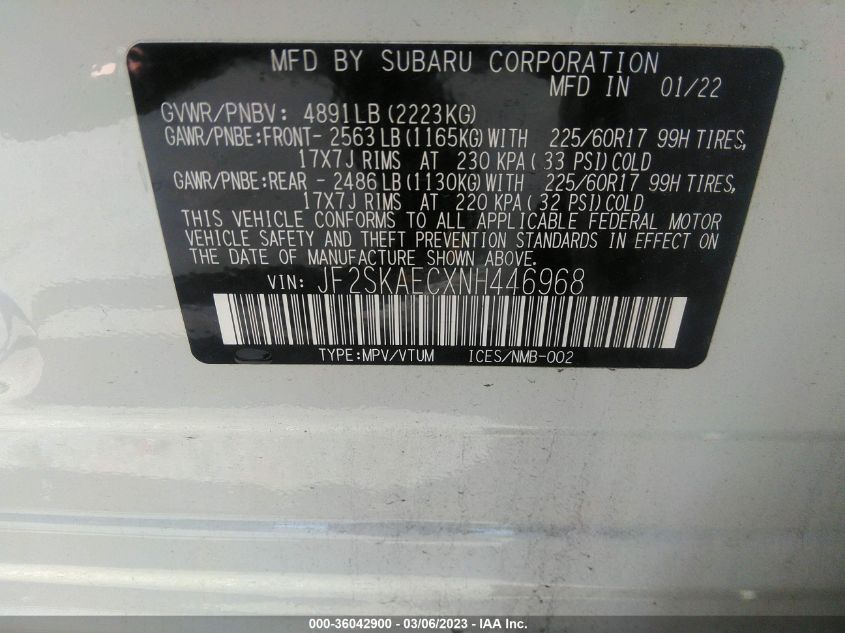 2022 SUBARU FORESTER PREMIUM - JF2SKAECXNH446968
