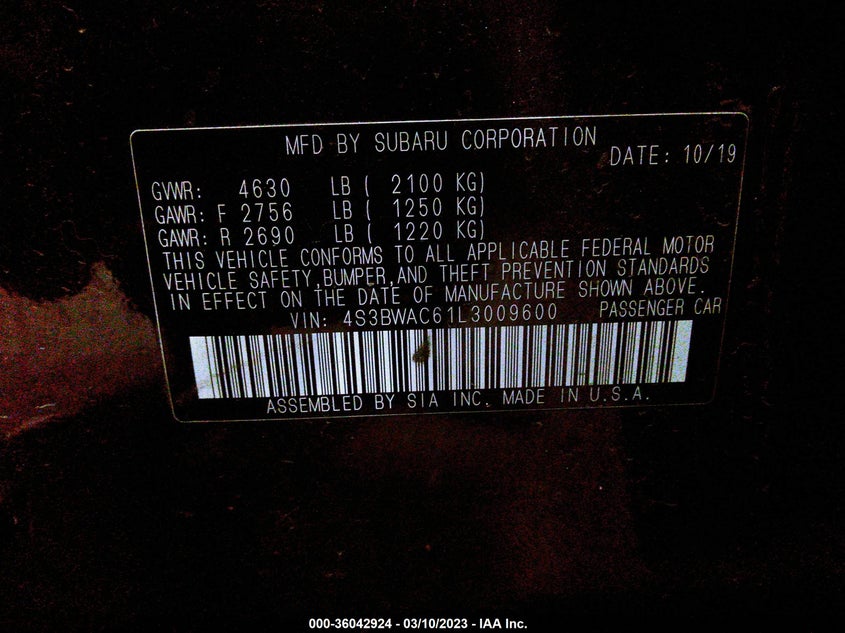 VIN 4S3BWAC61L3009600 2020 SUBARU LEGACY PREMIUM