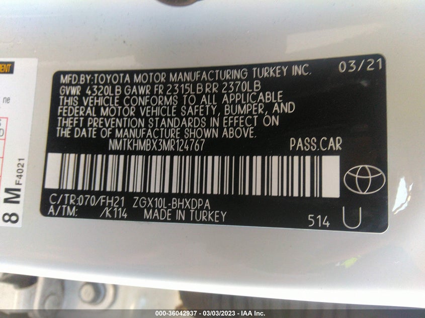 VIN NMTKHMBX3MR124767 2021 TOYOTA C-HR LE/XLE/LIMITED/NIGHTSHADE