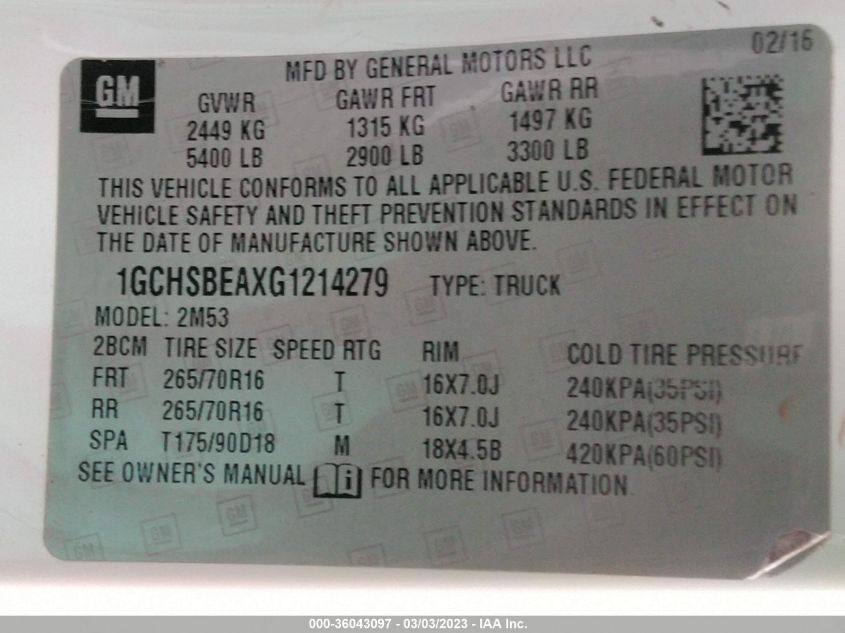 2016 CHEVROLET COLORADO 2WD WT - 1GCHSBEAXG1214279