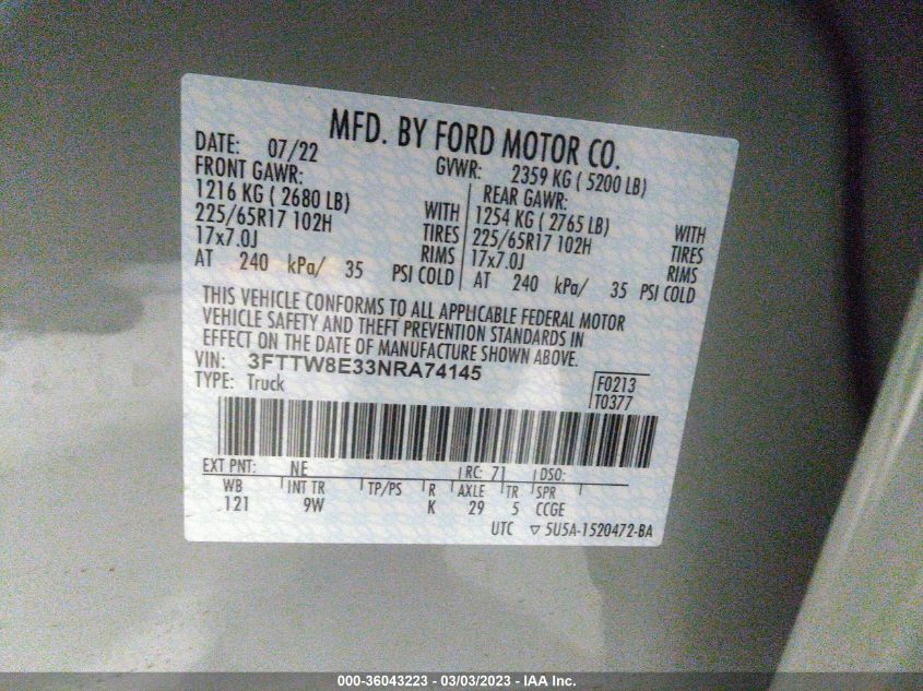 2022 FORD MAVERICK XL/XLT/LARIAT - 3FTTW8E33NRA74145