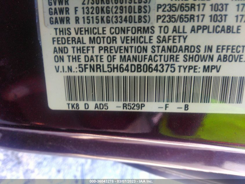 2013 HONDA ODYSSEY EX-L - 5FNRL5H64DB064375