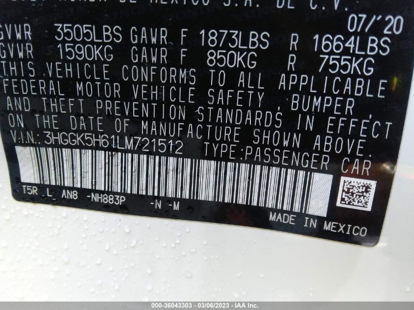 2020 HONDA FIT SPORT - 3HGGK5H61LM721512