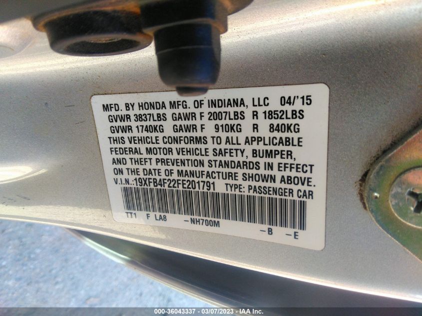 2015 HONDA CIVIC HYBRID - 19XFB4F22FE201791