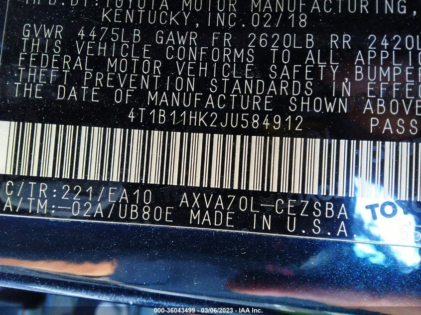 2018 TOYOTA CAMRY LE/SE/XLE/L - 4T1B11HK2JU584912