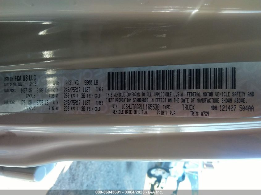 2020 JEEP GLADIATOR SPORT - 1C6HJTAG2LL165538
