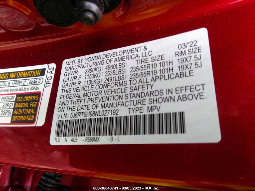2022 HONDA CR-V HYBRID TOURING 5J6RT6H98NL027192