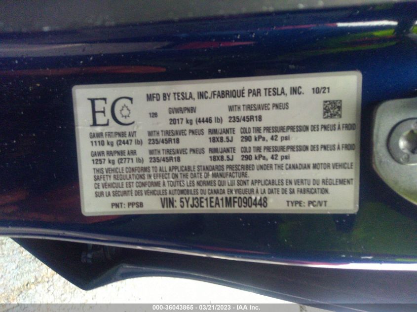 2021 TESLA MODEL 3 STANDARD RANGE PLUS - 5YJ3E1EA1MF090448
