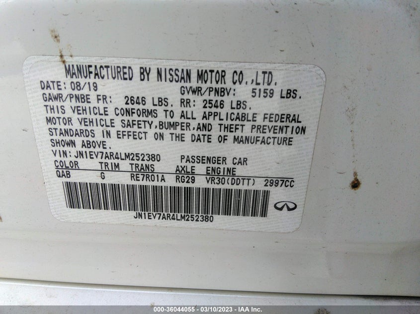 VIN JN1EV7AR4LM252380 2020 INFINITI Q50 3.0T LUXE