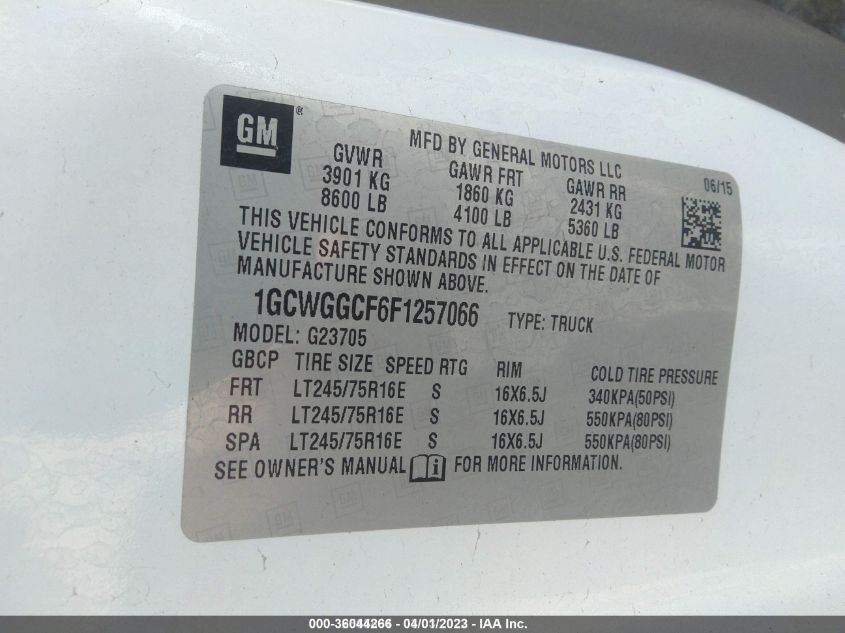 2015 CHEVROLET EXPRESS CARGO VAN 1GCWGGCF6F1257066