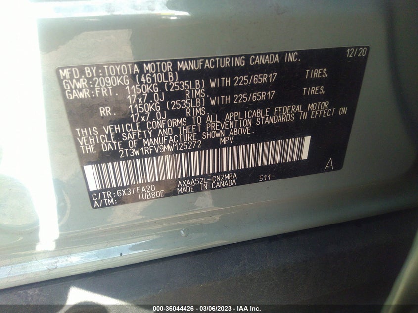 VIN 2T3W1RFV9MW125272 2021 TOYOTA RAV4 XLE
