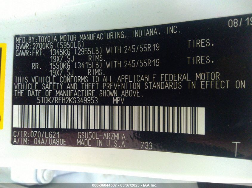 2019 TOYOTA HIGHLANDER SE/XLE - 5TDKZRFH2KS349953