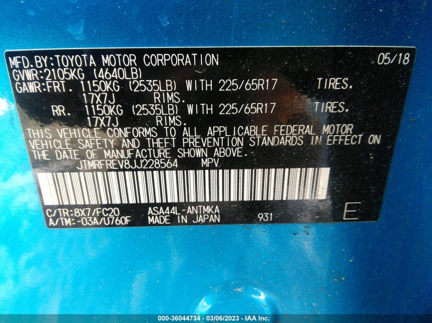 VIN JTMRFREV8JJ228564 2018 TOYOTA RAV4 XLE/ADVENTURE