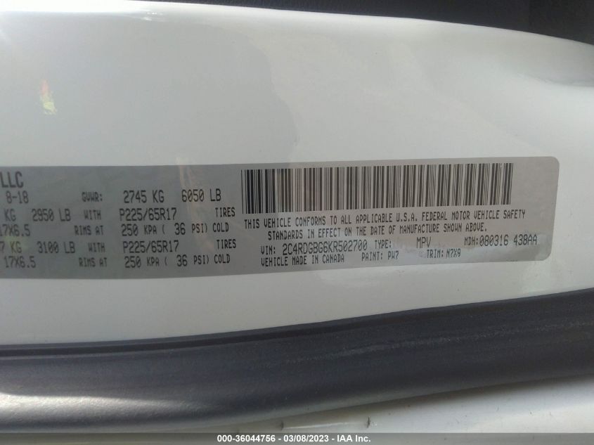 2019 DODGE GRAND CARAVAN SE PLUS - 2C4RDGBG6KR502700