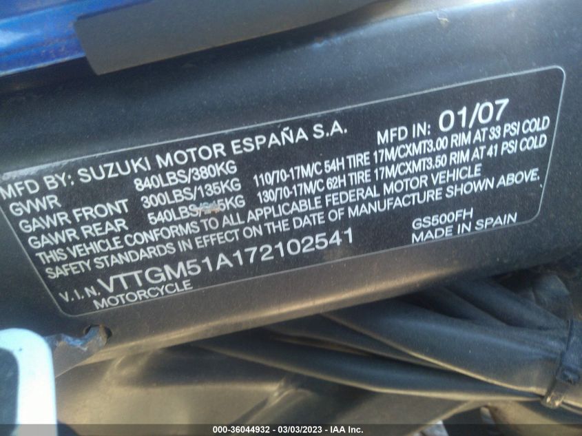 2007 SUZUKI GS500 VTTGM51A172102541
