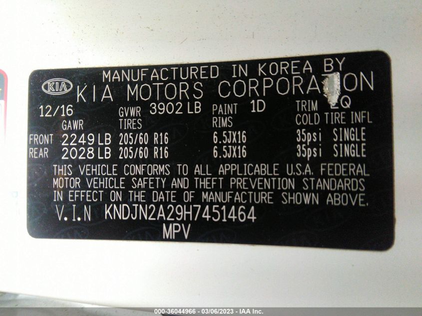 2017 KIA SOUL BASE - KNDJN2A29H7451464