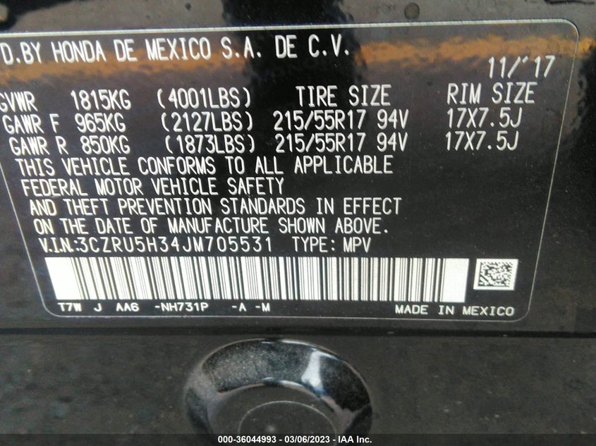 VIN 3CZRU5H34JM705531 2018 HONDA HR-V LX