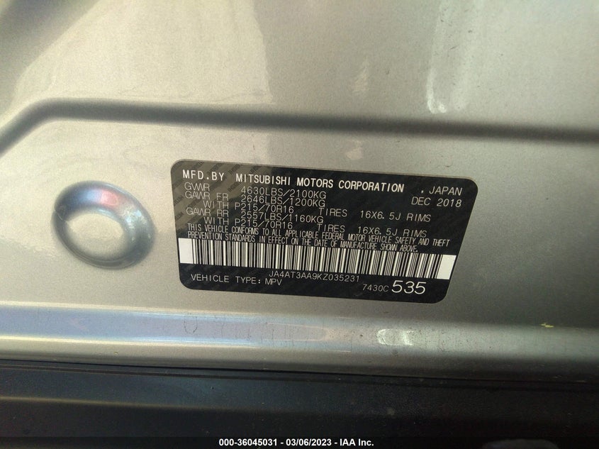 VIN JA4AT3AA9KZ035231 2019 MITSUBISHI ECLIPSE CROSS ES