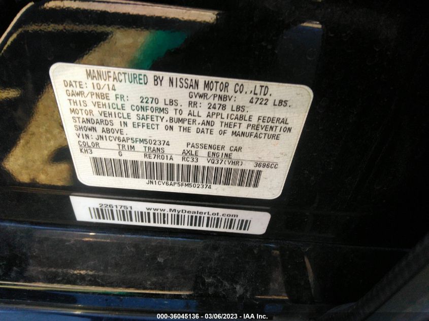 2015 INFINITI Q40 JN1CV6AP5FM502374