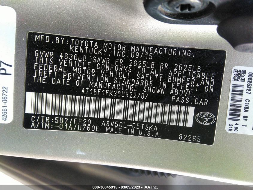 2016 TOYOTA CAMRY XLE/SE/LE/XSE - 4T1BF1FK3GU522707