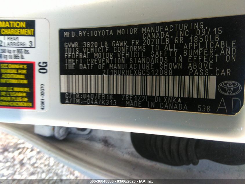 2016 TOYOTA COROLLA L/LE/S/S PLUS/LE PLUS - 2T1BURHEXGC512088