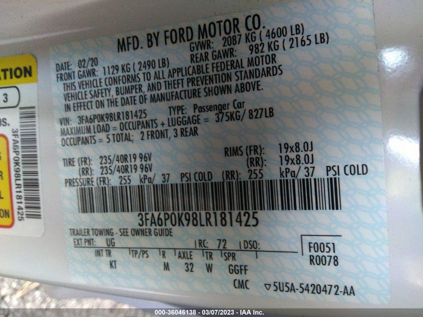 2020 FORD FUSION TITANIUM - 3FA6P0K98LR181425