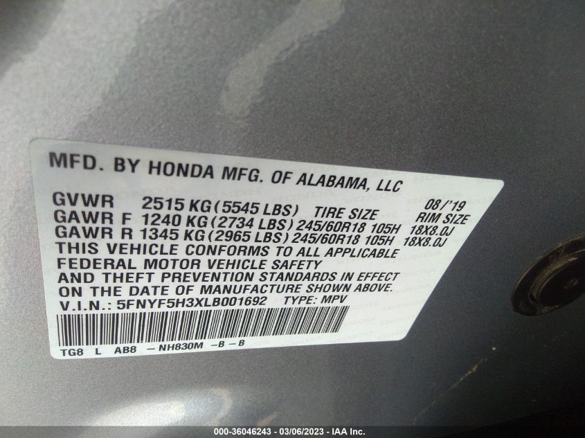 2020 HONDA PILOT EX - 5FNYF5H3XLB001692