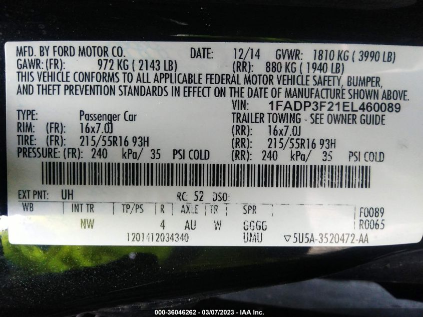 2014 FORD FOCUS SE - 1FADP3F21EL460089