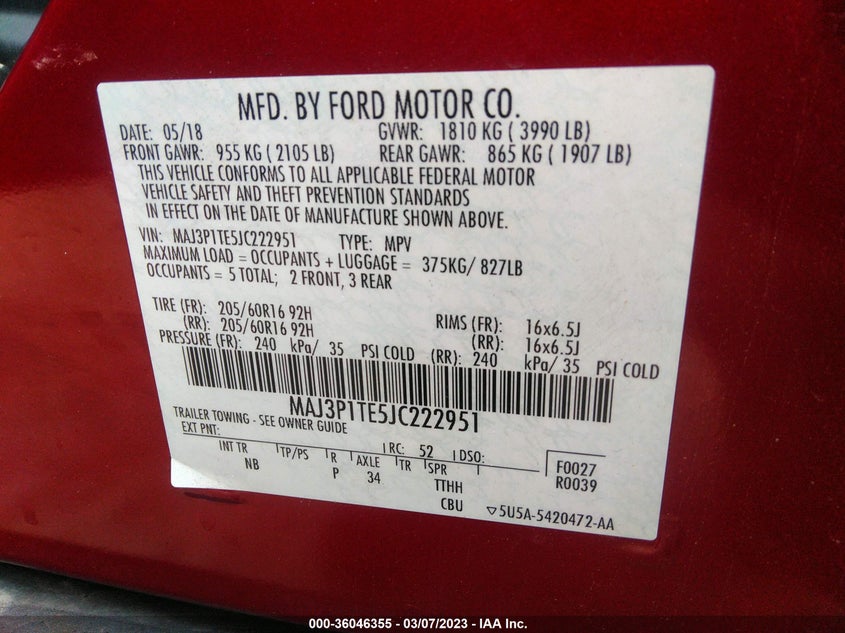 VIN MAJ3P1TE5JC222951 2018 FORD ECOSPORT SE