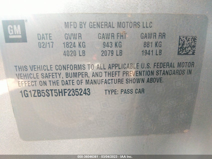 VIN 1G1ZB5ST5HF235243 2017 CHEVROLET MALIBU LS