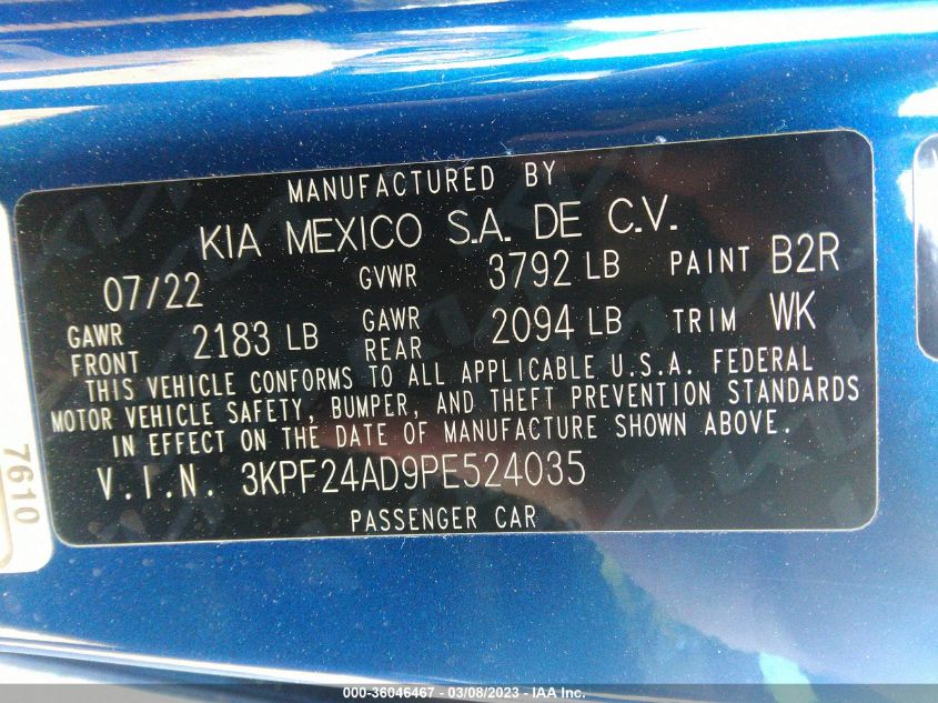 2023 KIA FORTE LXS - 3KPF24AD9PE524035