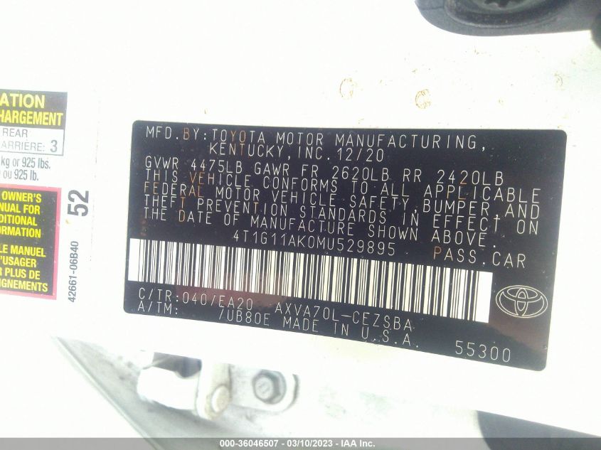 2021 TOYOTA CAMRY SE - 4T1G11AK0MU529895